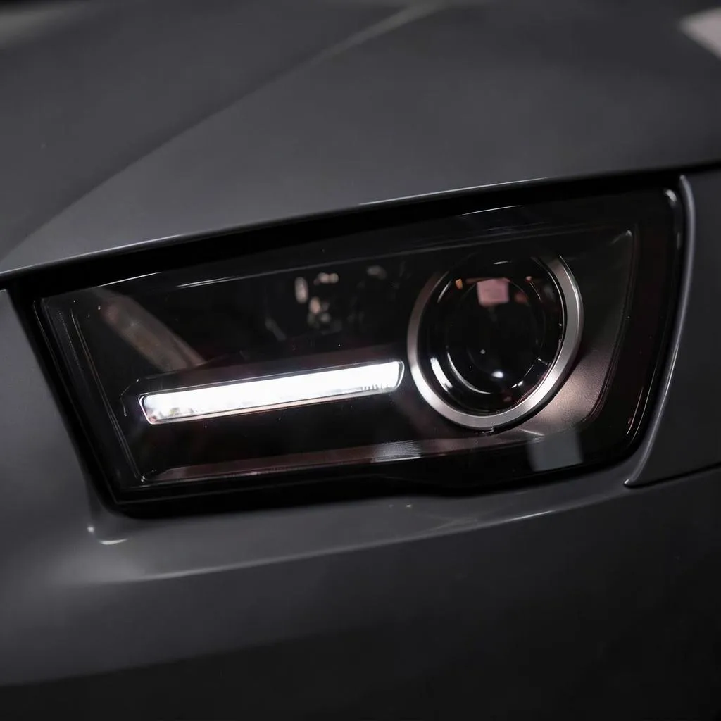Faro anteriore Audi A4 prima e dopo oscuramento con pellicola PPF fumé — dopo